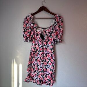 Nasty Gal Floral Puff Sleeve Dress - Pink and Black